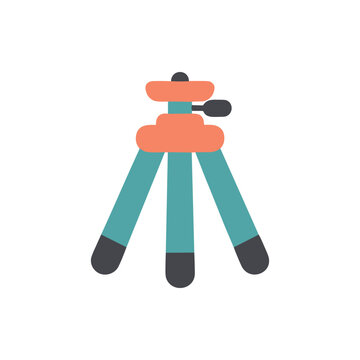 Flat design illustration of a coral and teal tripod with dark gray feet on a white background.
