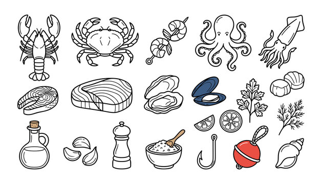Set of hand drawn seafood icons including lobster crab octopus squid fish and various cooking utensils on a white background