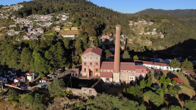 Real del Monte, Hidalgo, Mexico. Magic City at sunrise, Aerial Drone Shot of old British Silver Mine