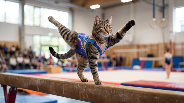 Tabby cat performing as a gymnast on a wooden balance beam. Feline wearing a miniature blue and purple leotard in a brightly lit gymnasium