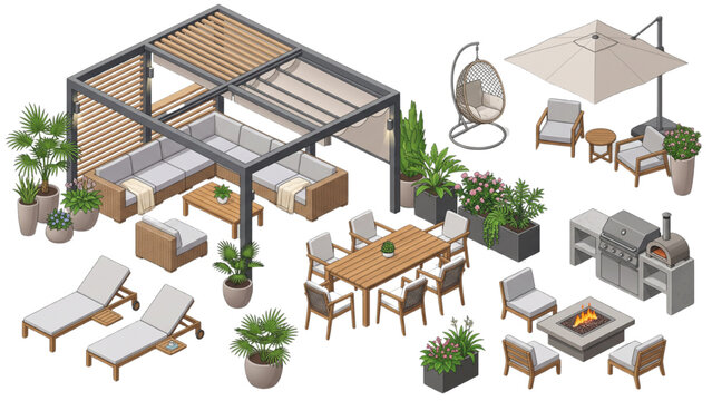 Isometric outdoor furniture and architectural elements AutoCAD buildings architecture vector collection