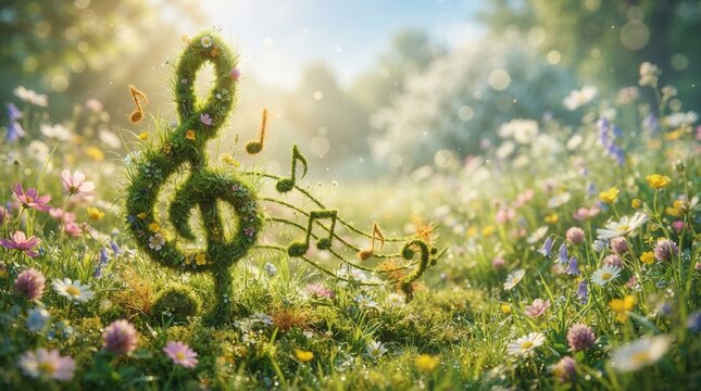 Blooming plants and a green treble clef made from grass and flowers create music art in a sunny meadow.
