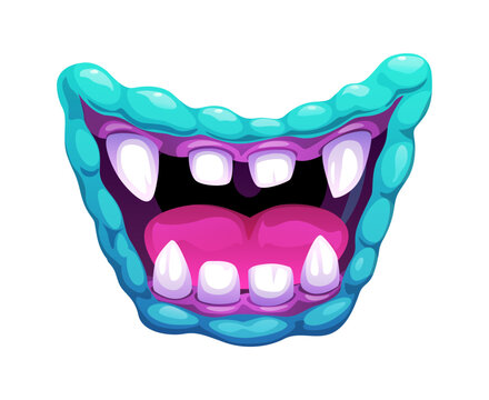 Cartoon monster mouth with sharp predator teeth and blue lips. Evil fangs frame open mouth revealing pink bumpy tongue and purple oral cavity. Vector Halloween monster grin for scary party