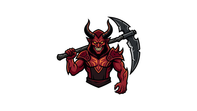 A fierce red devil warrior character holding a pickaxe for gaming or fantasy design.