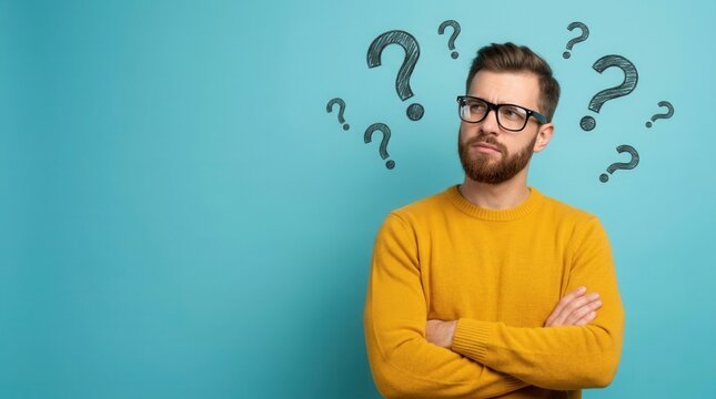 Man with glasses in yellow sweater appearing pensive and confused with question marks around his head.