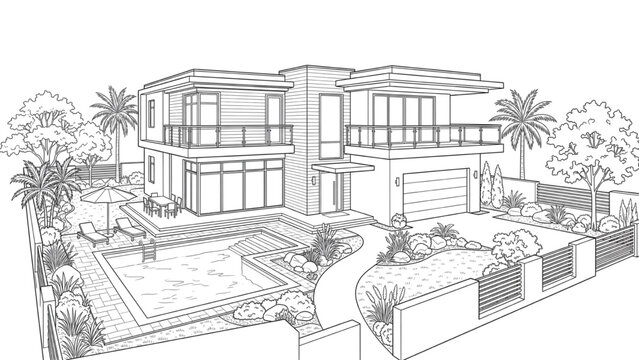 AutoCAD buildings architecture vector collection of modern luxury house with pool