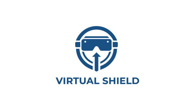 Virtual Shield corporate logo design with a dark blue virtual reality headset icon and an upward pointing arrow.
