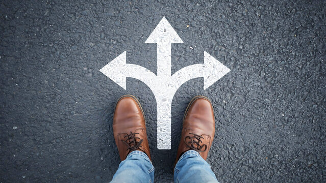 Person standing at a three way fork in the road painted on asphalt surface with decision direction standing navigation lifestyle perspective traveler adventure opportunity