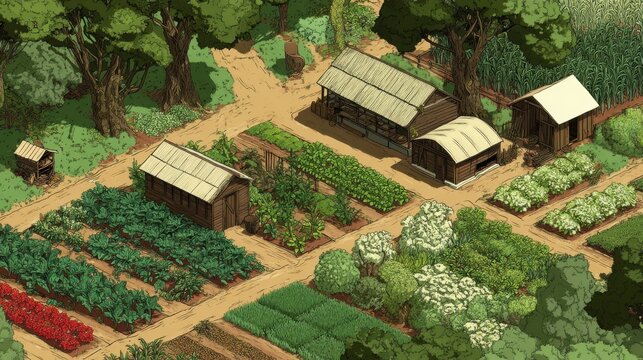 Aerial Isometric Farm View of Lush Vegetable Garden with Wooden Sheds and Dirt Paths in Rural Setting
