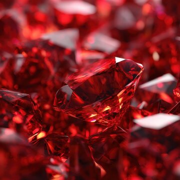 Close-up of faceted red ruby gemstones in a pile, studio shot, gems reflecting light, precious stones, luxury concept