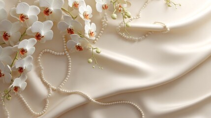 Obraz premium Elegant white orchid flowers and pearl string on smooth satin silk fabric background