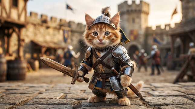 Orange tabby kitten wearing medieval armor and holding a wooden sword. Young feline knight in training standing on a cobblestone street in a castle courtyard