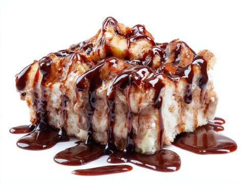 Delicious Bread Pudding Drizzled with Chocolate Sauce on White Background Close Up Studio Shot Sweet Dessert Food Photography