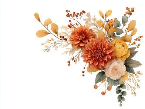 Watercolor floral arrangement featuring dahlia peony eucalyptus and berries in autumn colors on white background corner view
