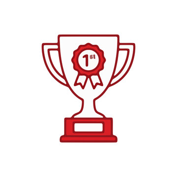 Red outline trophy icon with a first place ribbon award symbol for winning champions and success