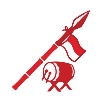 Red vector illustration of traditional Indonesian culture symbols including a bambu runcing spear and a beduk drum