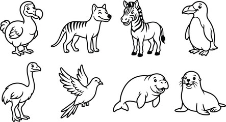 Cute Wild Animals and Birds Outline Vector Set with Dodo Zebra Seal Otter and More © SHAMIM