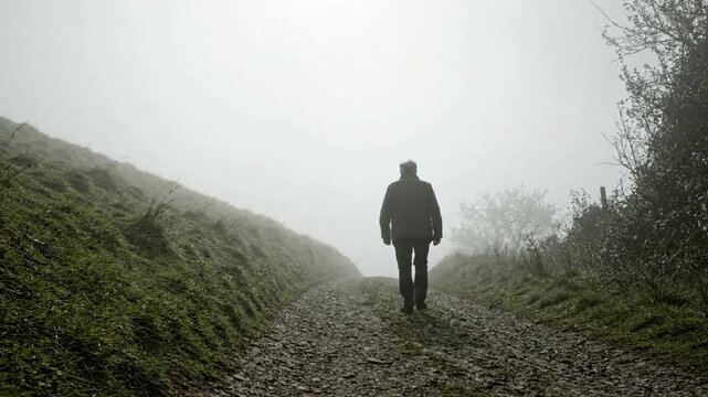 Man walking alone on a misty country path: cinematic concept of solitude, journey, and reflection