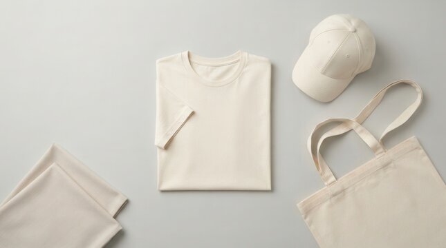 Plain background with a neutral color apparel set including a natural cotton t shirt, cap, and tote bag.