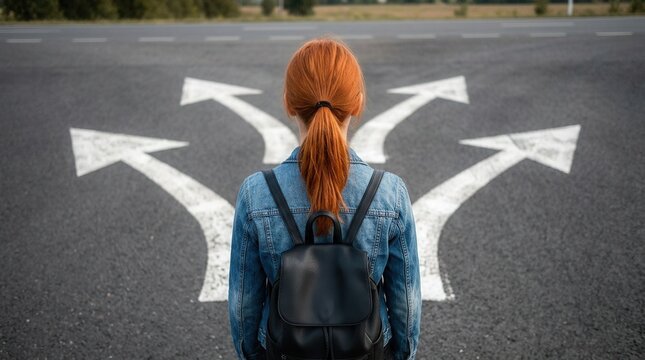 A young woman with a backpack looks at white arrows on a road surface, symbolizing career decisions and choice.