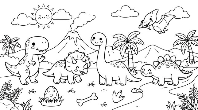 Cute prehistoric dinosaur landscape coloring page for kids with volcano and palm trees in black and white