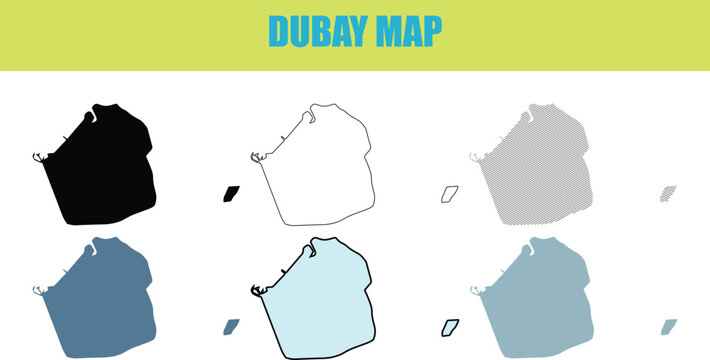 Dubai map in fill outline and lined style showing different regions during clear lighting for business presentations