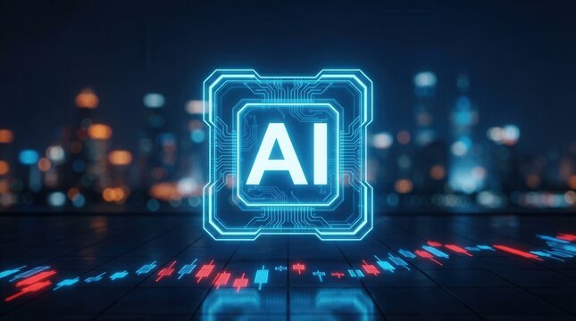 Futuristic AI emblem and digital stock market charts over a city skyline for investment growth and financial analysis.