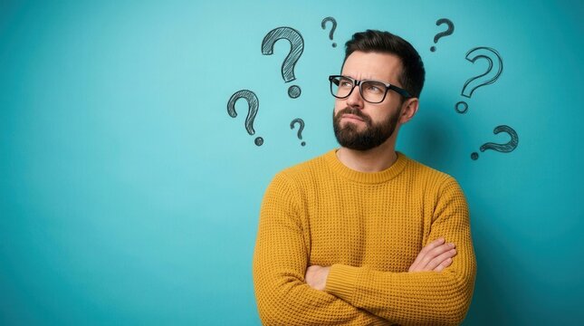 Searching for answers, a confused man in a yellow sweater with glasses and arms crossed on blue background.