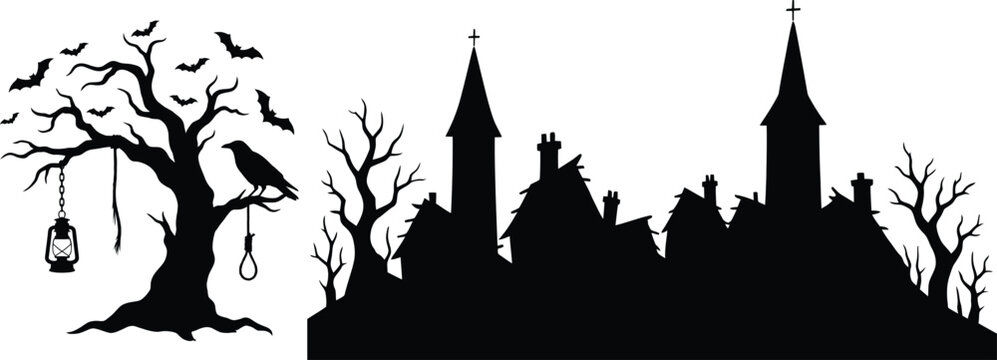 Spooky Halloween silhouette collection, haunted house village with gothic towers, creepy dead tree with bats and raven, black vector icons for holiday decor