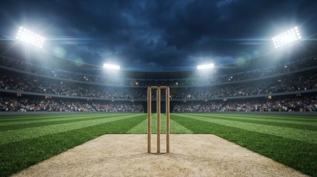 Professional sport arena full of spectators watching a cricket game on a green field with wickets.