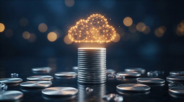 Budget and resource optimization for cloud computing cost efficiency and savings featuring a glowing cloud symbol on stacked coins.