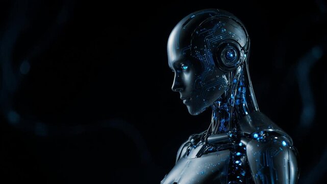 Cyborg head glowing with circuitry in dark digital space background