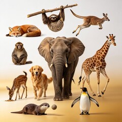 Fototapeta premium Diverse Animal Collection Of Elephant Giraffe Kangaroo Sloth Bear Deer Golden Retriever Penguin And Otter In Dynamic Poses Against Soft Beige Studio Background