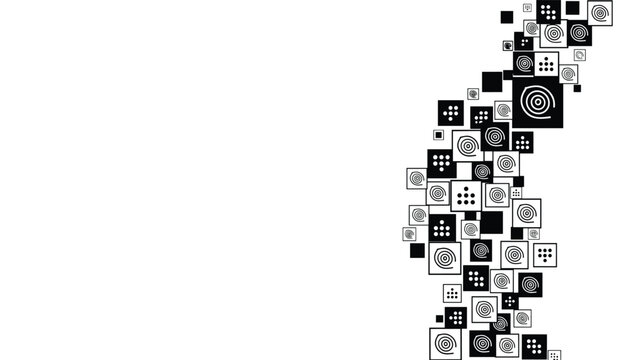 Decorative s-curve frame border design of black and white square tiles featuring abstract tribal spirals and dots.