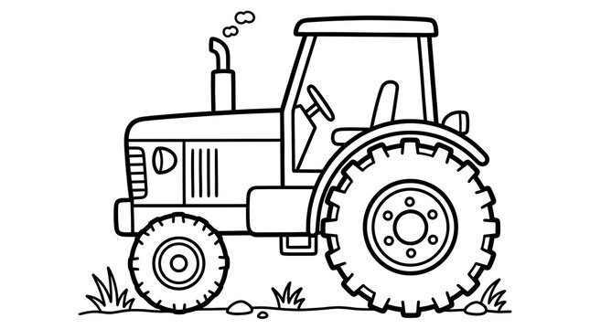 Black and white line art illustration of a farm tractor for children coloring book page