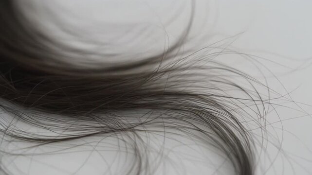 Dark wavy hair flowing gracefully over a clean white background studio setting