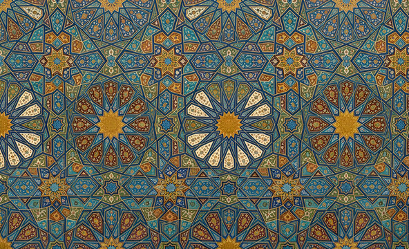 Intricate traditional Islamic geometric mosaic tile pattern background, Arabic art and architectural ceramic design