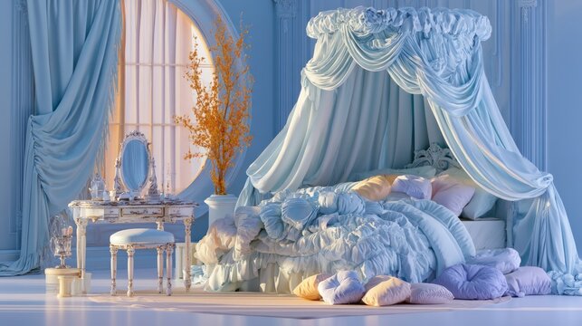 Luxurious pastel blue bedroom with canopy bed and elegant vanity table setup