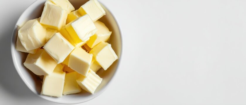 Butter Cubes in White Bowl Top View Close Up on White Background Food Photography Studio Shot Kitchen Ingredient