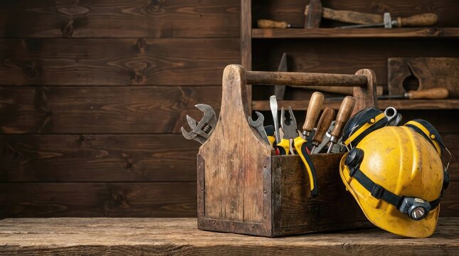 Rustic wooden toolbox with assorted hand tools and yellow safety helmet on workshop bench workshop construction