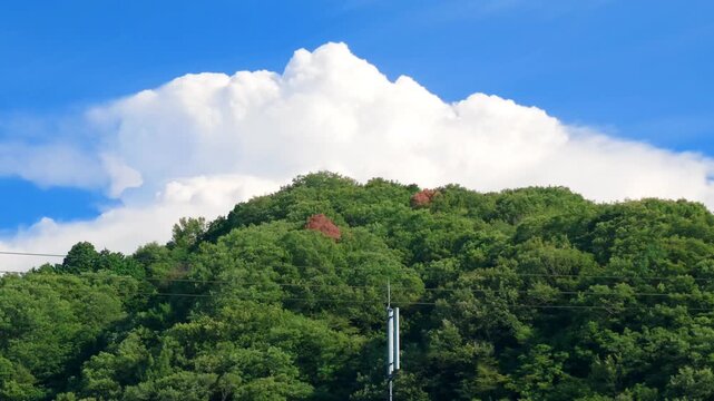 入道雲が浮かぶ里山の夏の風景　青空と緑が広がる自然風景