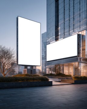 Two blank billboards in urban setting at dusk, advertising space on modern buildings, low angle view of city street