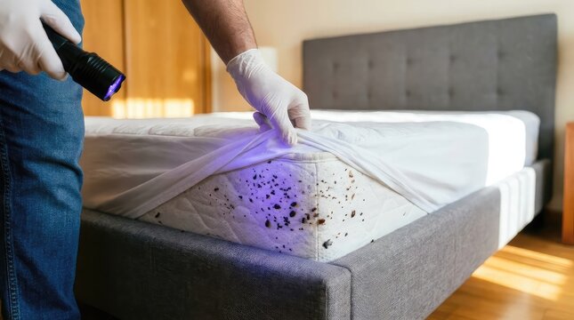 Pest control expert inspecting a mattress with an ultraviolet blacklight to detect bed bugs and harmful pathogens
