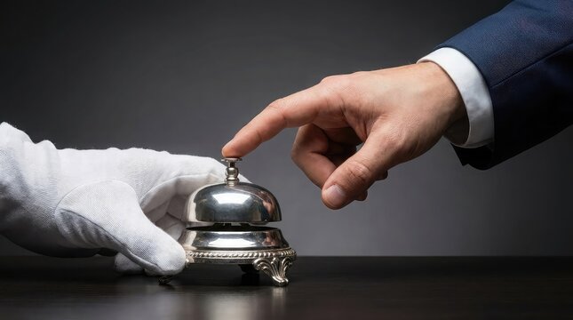 Hotel concierge and guest hands pressing a vintage silver service bell on a dark reception desk counter with check