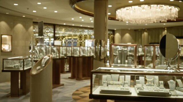 Blurred jewelry store display with soft bokeh and defocused glass cases, warm lighting and out of focus highlights in a shop interior background; background backdrop backplate template.