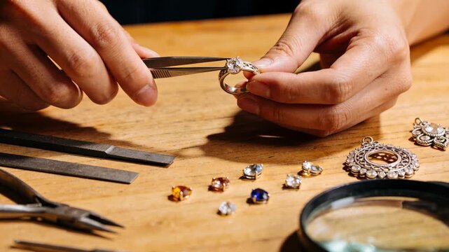 Picking up clear gemstone jeweler hands aligning and seating gem into silver ring with tweezers