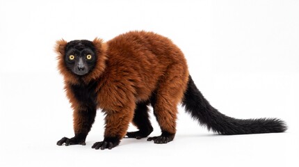 Obraz premium Red ruffed lemur staring with intense yellow eyes while standing isolated on white background