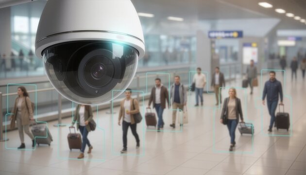 Close up of a dome security CCTV camera tracking travelers with luggage inside a busy airport terminal hall using artificial intelligence bounding box indicators