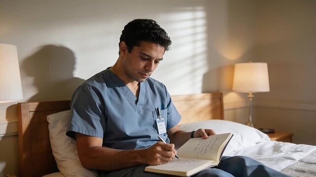 Leaning forward medic writing notes with pen in notebook on bed in staffroom, wearing blue-scrub ID