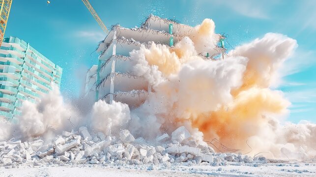 Controlled demolition of large concrete building with dust cloud and debris